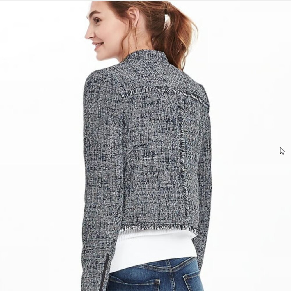 BANANA REPUBLIC Raw Hem Tweed Moto Jacket Cropped Office Navy White EUC Size 4